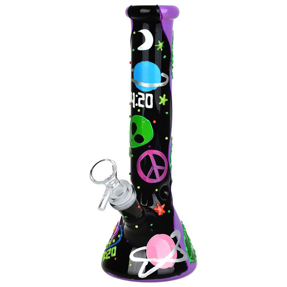 420 Beam Me Up Beaker Glow In The Dark Glass Water Pipe - 9.5" / 14mm F