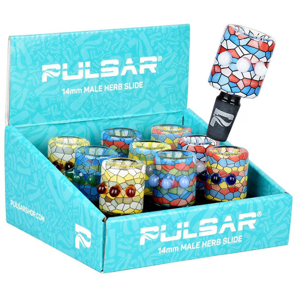 Pulsar Inside Print Mosaic Bead Grip Herb Slide - 14mm M/ Colors 9CT DISPLAY