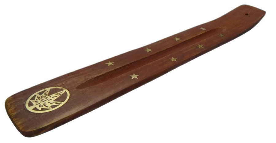 Wood Incense Burner w/ Brass Inlay - Leaf