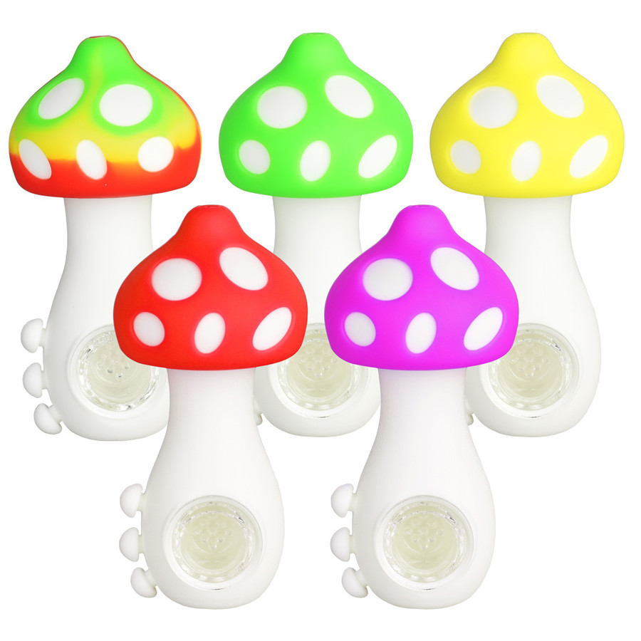 Mushroom Silicone Hand Pipe w/ Glass Bowl - 4.25" - Colors Vary