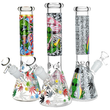 Aliens And Hemp Leaves Glow Glass Beaker Water Pipe-10" - 14mm F - Designs Vary