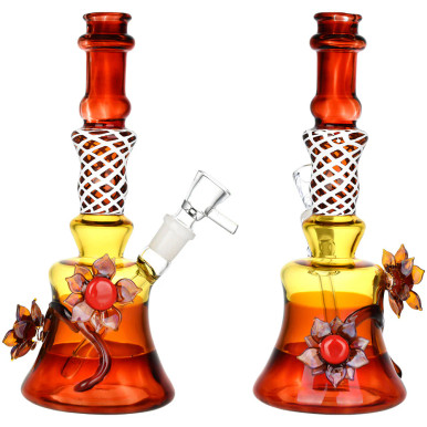 Amber Autumn Flower Water Pipe - 8.5" / 14mm F