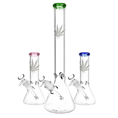 Silver Hemp Leaf Glass Beaker Water Pipe - 14mm F