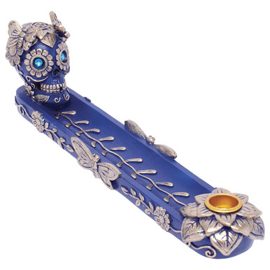 Fujima Golden Blue Skull & Butterfly  Stick & Cone Polyresin Incense Burner - 11"