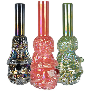 Iridescent Crouching Skeleton Soft Glass Water Pipe | 13.5" | 14mm F | Colors Vary