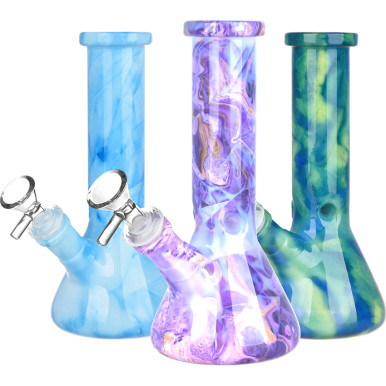 Marbled Beaker Glass Water Pipe - 7.75" / 14mm F / Colors Vary