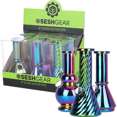 SeshGear Electroplated Glass Mini Water Pipe - 6" / Grommet / Assorted Styles/6CT DISPLAY
