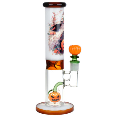 10"  Pulsar Anime Halloween Girl Glass Straight Tube Water Pipe W/ Jack-O-Lantern Perc / 14mm F