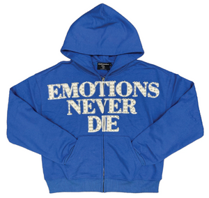 MIXED EMOTION BLUE 'END' RHINESTONE ZIP