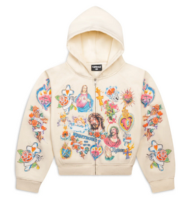 WE ARE RIGHTEOUS CREAM RISEN KING CROPPED ZIP