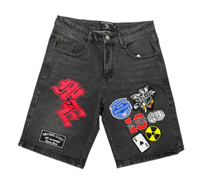 MIXED EMOTION DANGER PATCH BLACK DENIM SHORTS