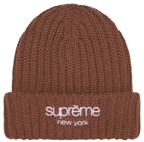 SUPREME BROWN CHUNKY RIBBED CLASSIC LOGO BEANIE