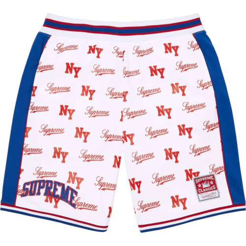 SUPREME X MITCHELL & NESS WHITE MONOGRAM SHORTS