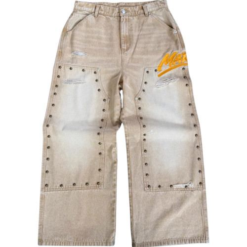 DAVEN HOMME KHAKI STUDDED CARPENTER DENIM PANTS