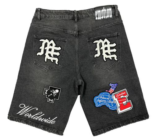 MIXED EMOTION DANGER PATCH BLACK DENIM SHORTS