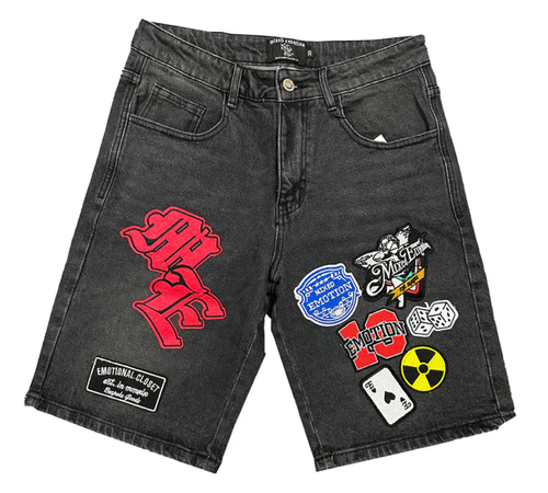 MIXED EMOTION DANGER PATCH BLACK DENIM SHORTS