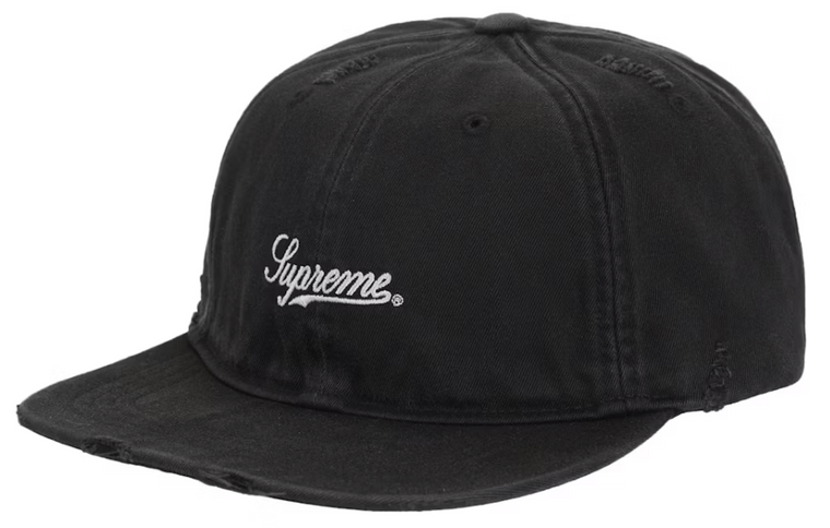 SUPREME BLACK DISTRESSED SCRIPT 6-PANEL HAT