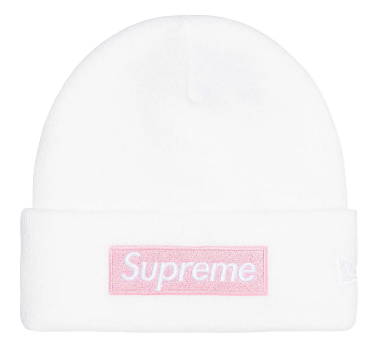 SUPREME X NEW ERA WHITE/PINK BOX LOGO BEANIE (FW25)