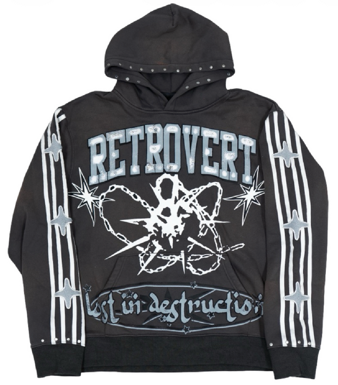 RETROVERT GREY STUDDED DESTRUCTION HOODIE