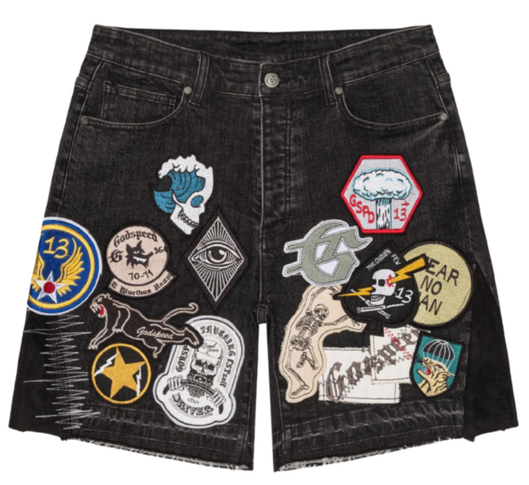 GODSPEED BLACK PATCHWORK V2 DENIM SHORTS