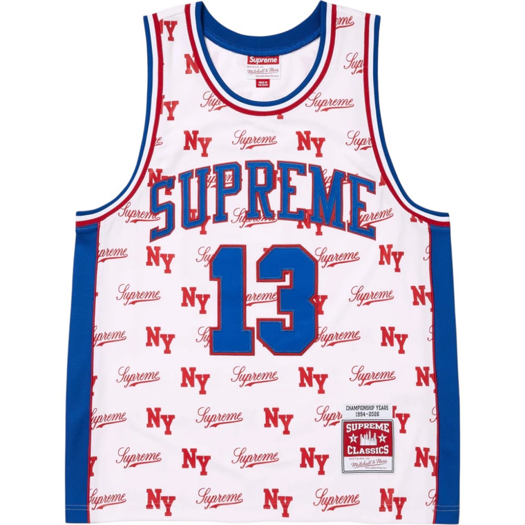 SUPREME X MITCHELL & NESS WHITE MONOGRAM JERSEY