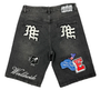 MIXED EMOTION DANGER PATCH BLACK DENIM SHORTS