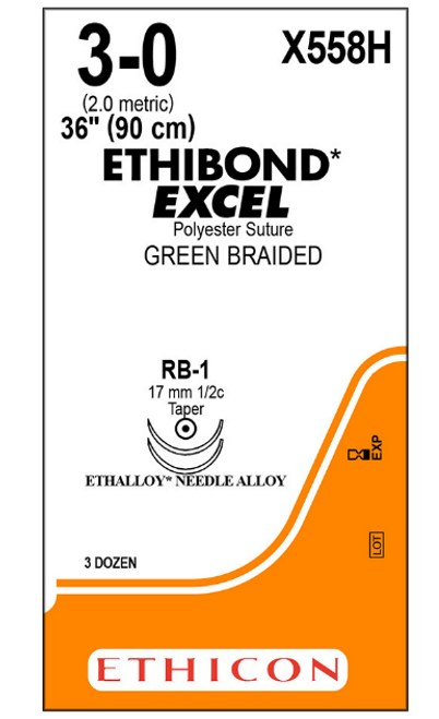 Ethicon ETHIBOND EXCEL Suture, Taper Point, Non-Absorbable, RB-1 17mm / RB-1 ½ Circle, Green Braided 36" = 90cm, Size: 3-0, 36/box. MFID: X558H