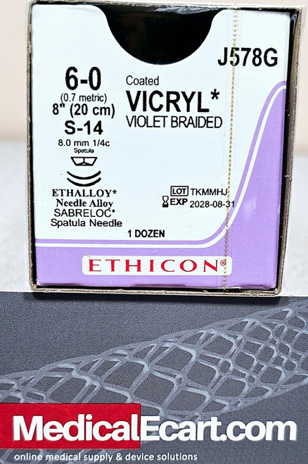 J578G Coated Vicryl Absorbable Suture, Spatula Reverse Cutting S-14 8MM, 6-0 Violet, 1 x 8IN/20CM