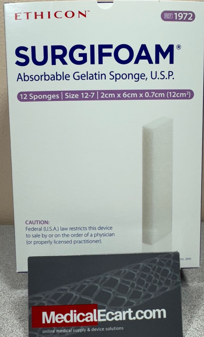 Ethicon 1972 Hydrogel Dressing Surgifoam® 2 cm X 6 cm X 7 mm Gelatin Sterile, Case of 12 Ethicon 1972 Hydrogel Dressing Surgifoam® 2 cm X 6 cm X 7 mm Gelatin Sterile, Case of 12