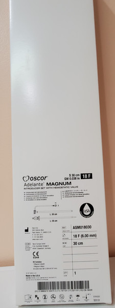 OSCOR ASM018030, Adelante® Magnum, Introducer Set with Hemostatic Valve, 18F., 30cm x 0.038". Box/1 OSCOR ASM018030, Adelante® Magnum, Introducer Set with Hemostatic Valve, 18F., 30cm x 0.038". Box/1