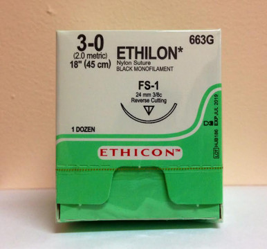 Ethicon 663G ETHILON™ Nylon Suture, Reverse Cutting FS-1 24mm 3/8 Circle, Black Monofilament 18" (45cm), Size 3-0, Box of 12