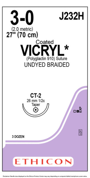 Ethicon J232H COATED VICRYL® (polyglactin 910) Suture, Taper Point, Absorbable, CT-2 26mm ½ Circle, Undyed Braided 27" = 70cm, Size: 3-0, Box of 36