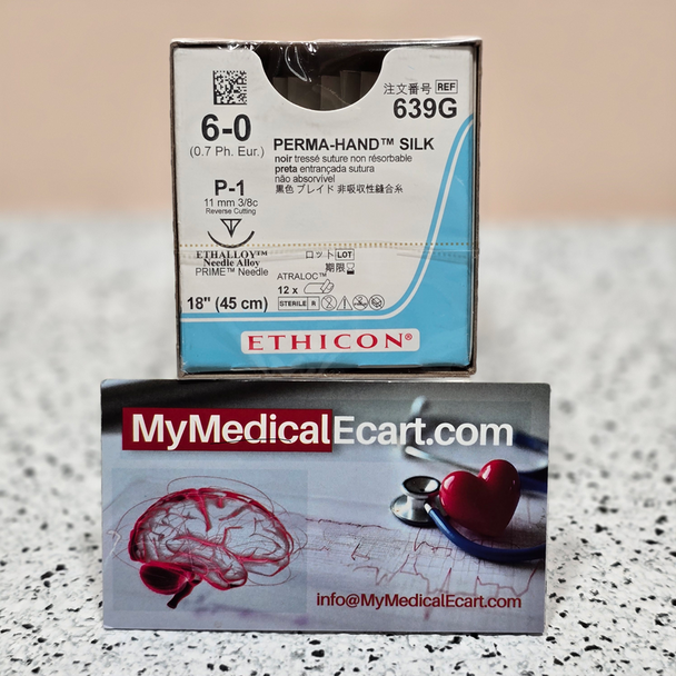 Ethicon 639G PERMA-HAND Silk Suture, Precision Point - Reverse Cutting, Non-Absorbable, P-1 11mm 3/8 Circle, Black Braided 18" = 45cm, Size: 6-0, Box of 12