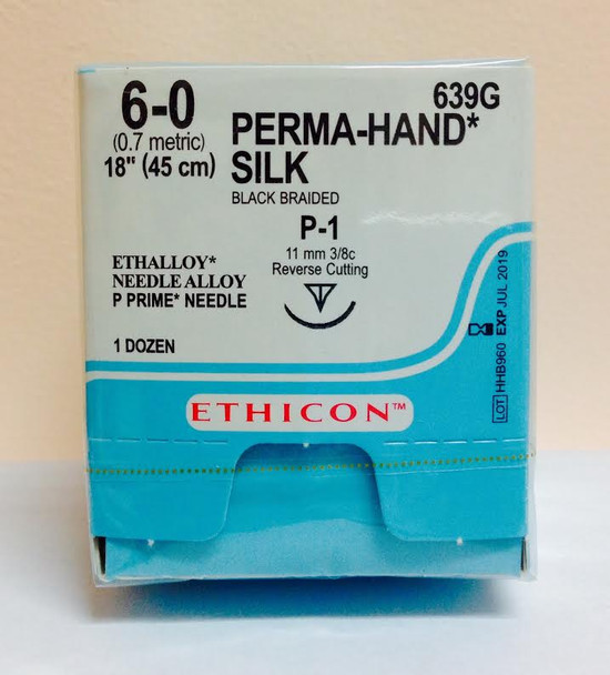 Ethicon 639G PERMA-HAND Silk Suture, Precision Point - Reverse Cutting, Non-Absorbable, P-1 11mm 3/8 Circle, Black Braided 18" = 45cm, Size: 6-0, Box of 12