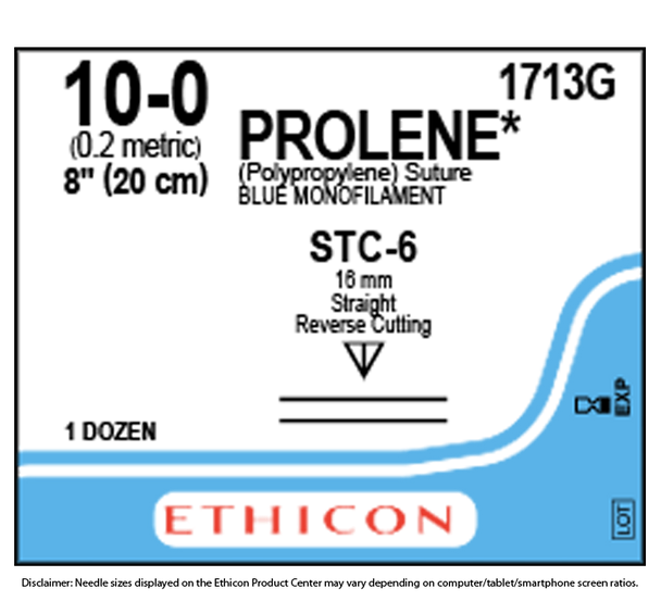 Ethicon 1713G PROLENE® Polypropylene Suture, Non-Absorbable, SABRELOC - Straight Transchamber, STC-6 16mm STC-6 16mm Straight, Blue Monofilament, 8" ˜ 20cm, Size: 10-0, Box of 12