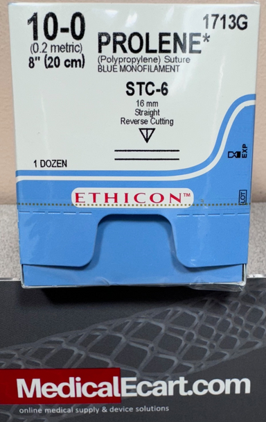 Ethicon 1713G PROLENE® Polypropylene Suture, Non-Absorbable, SABRELOC - Straight Transchamber, STC-6 16mm STC-6 16mm Straight, Blue Monofilament, 8" ˜ 20cm, Size: 10-0, Box of 12