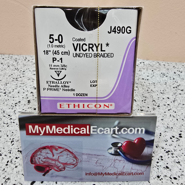 Ethicon J490G COATED VICRYL® (polyglactin 910) Suture, Precision Point - Reverse Cutting, Absorbable, P-1 11mm 3/8 Circle, Undyed Braided 18" = 45cm, Size: 5-0, Box of 12