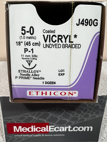 Ethicon J490G COATED VICRYL® (polyglactin 910) Suture, Precision Point - Reverse Cutting, Absorbable, P-1 11mm 3/8 Circle, Undyed Braided 18" = 45cm, Size: 5-0, Box of 12