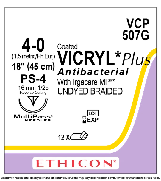 Ethicon VCP507G COATED VICRYL® Plus Antibacterial (polyglactin 910) Suture, Precision Point - Reverse Cutting, Absorbable, PS-4 16mm ½ Circle, Undyed Braided 18" = 45cm, Size: 4-0, Box of 12