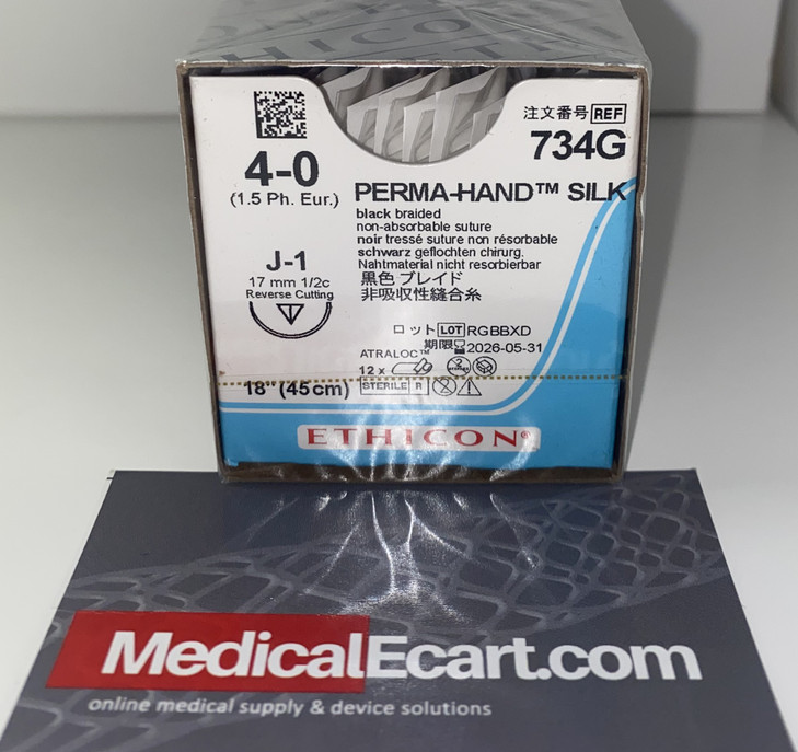 Ethicon PERMA-HAND Suture, Reverse Cutting, Non-Absorbable, J-1 17mm ½ Circle, Black Braided 18" = 45cm, Size: 4-0, 12/box. MFID: 734G
Product Description:
Product Code: 734G
Non-Absorbable Surgical Suture
Ethicon PERMA-HAND Suture
Reverse Cutting
Needle: J-1 17mm ½ Circle
Material: Black Braided
Length: 18" = 45cm
Size: 4-0
Quantity: 12/box