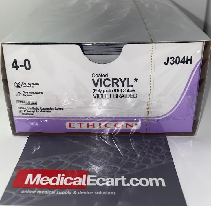 Ethicon Coated VICRYL Suture, Taper Point, Absorbable, RB-1 17mm ½ Circle, Violet Braided 27" = 70cm, Size: 4-0, 36/box. MFID: J304H