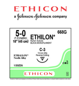 ETHICON Suture, ETHILON, Reverse Cutting, C-3, 18", Size 5-0. MFID: 668G