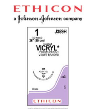 ETHICON Suture, Coated VICRYL, Taper Point, CT, 36", Size 1. MFID: J359H