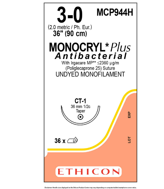 ETHICON Suture, Dental, MONOCRYL Plus, Taper Point, CT-1, 36", Size 3-0. MFID: MCP944H