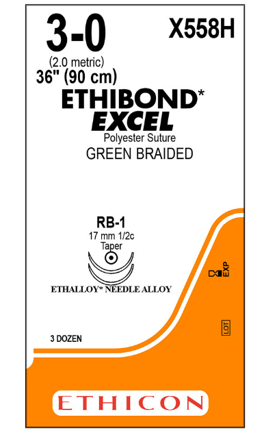 Ethicon ETHIBOND EXCEL Suture, Taper Point, Non-Absorbable, RB-1 17mm / RB-1 ½ Circle, Green Braided 36" = 90cm, Size: 3-0, 36/box. MFID: X558H