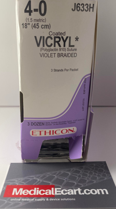 Standard & Short Length Sutures, Absorbable, Violet Braided 3-18" = 45cm, Size: 4-0, 36/box. MFID: J633H (OPEN BOX)