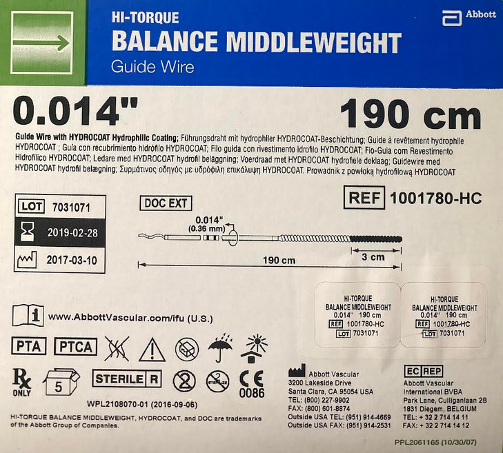 .014 x 190cm BMW Abbott HI-TORQUE BALANCE MIDDLEWEIGHT Guidewire 1001780-HC