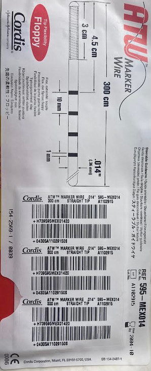 CORDIS ATW MARKER WIRE GUIDEWIRE, FLOPPY STRAIGHT 0.014" X 300CM 595-MEX014