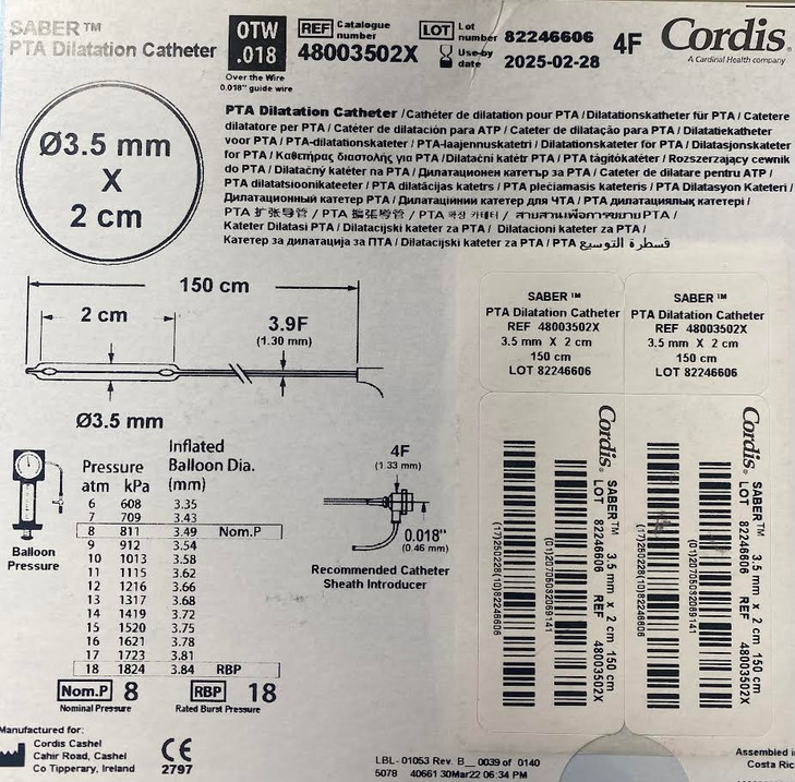 SABER ® PTA Balloon Catheter .018 with 3.5x 20mm Over-The-Wire Balloon, 150cm