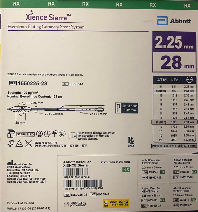 Abbott Xience Sierra Everolimus Eluting Coronary Stent System - 2.25mm x 28mm (Product Code: 1550225-28)